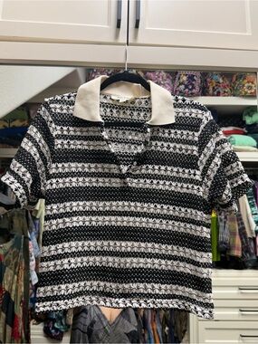Blue Tassel Black & White Striped Knit Polo Top with Cream Collar